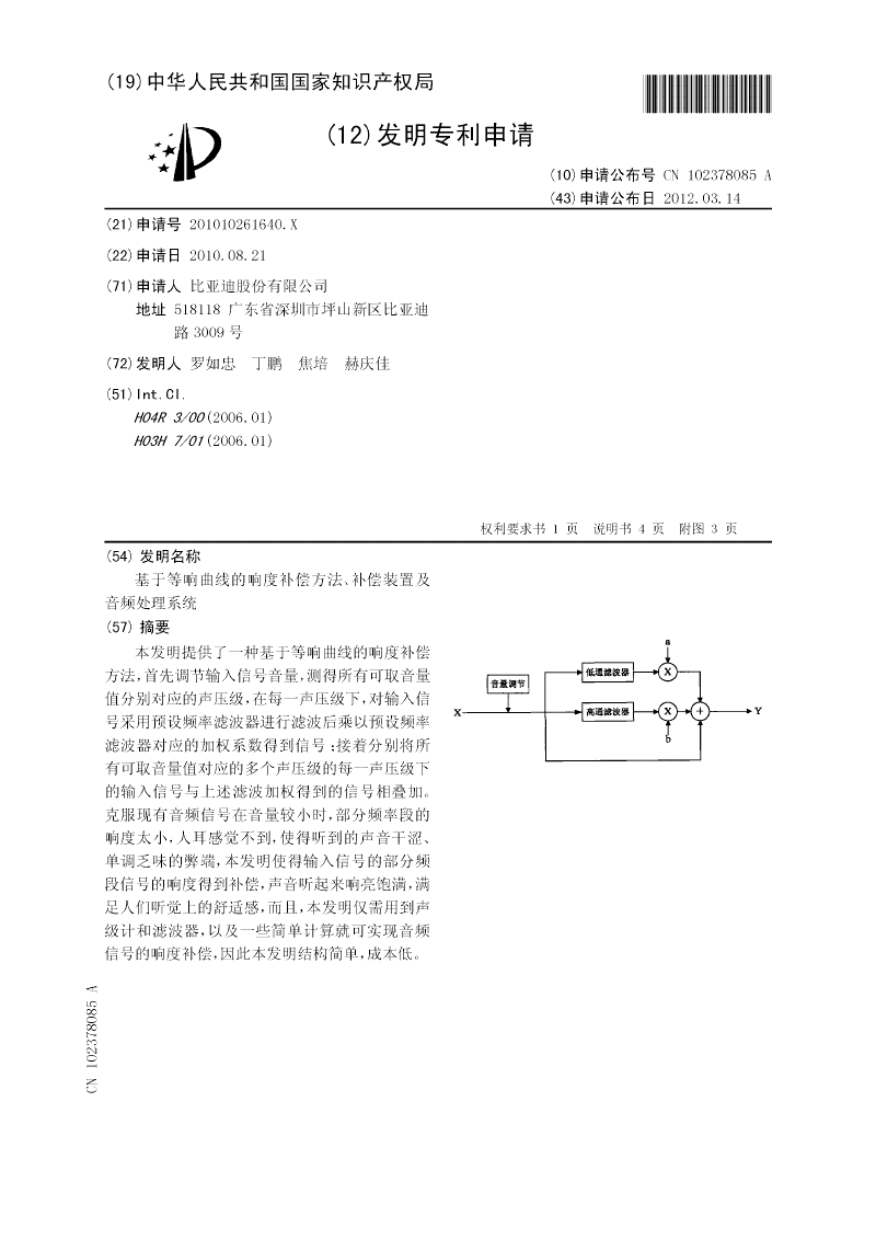 基于等响曲线的响度补偿方法、补偿装置及音频处理系统